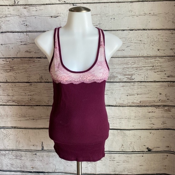 Purple American Eagle top with pink lace - Picture 1 of 5